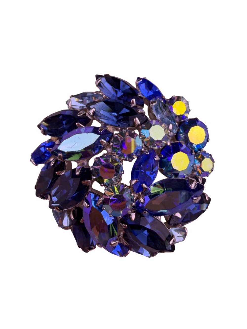 Weiss Womens Blue Rhinestone Silver Tone Round Statement Brooch Large